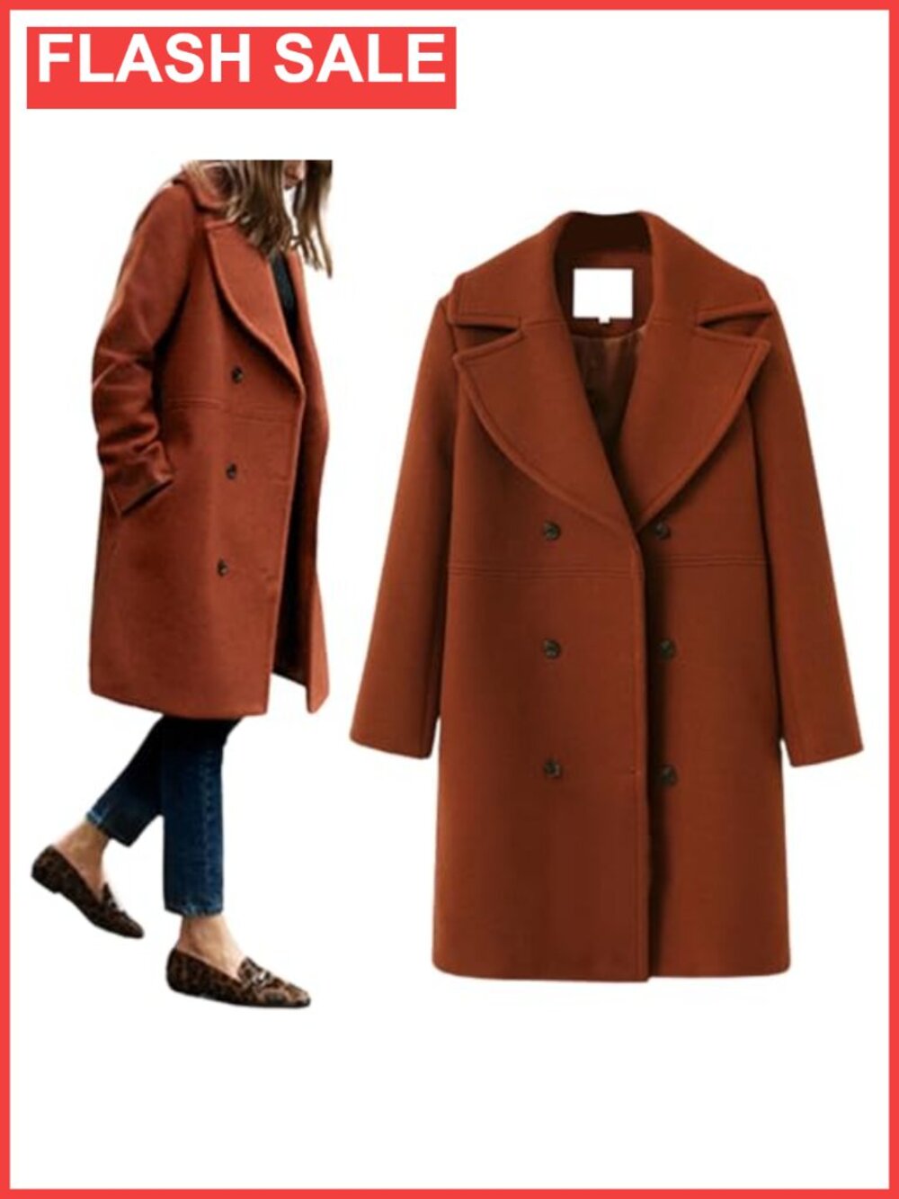 Wool Blend Pea Coat Notch Lapel Button Overcoat Relaxed Fit